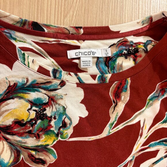 Chico's Long Sleeve Blouse Chico's Size 3 US Size XL Maroon Floral Print Rayon - Picture 2 of 3